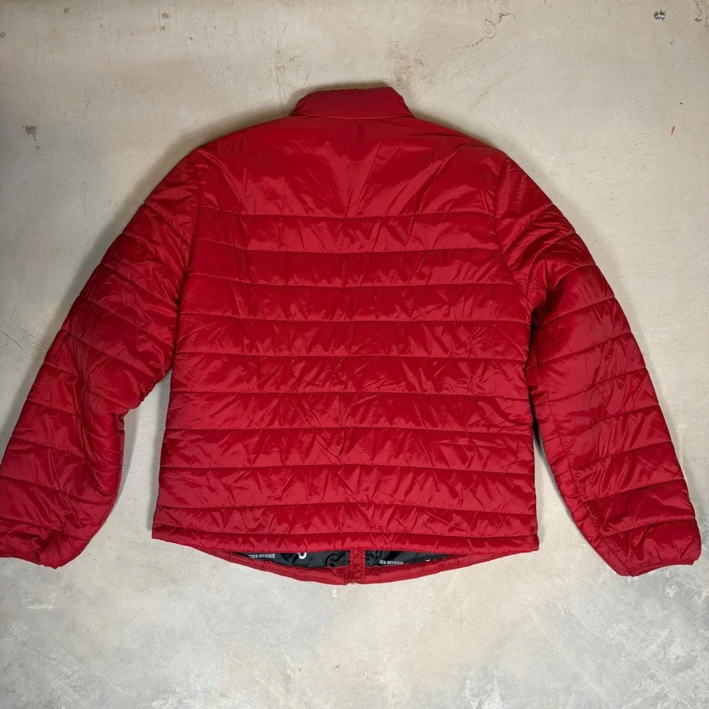 True Religion Mens Red Puffer Jacket Horseshoe Logo Full Zip Size M 50100-00